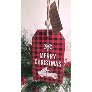 NWT 6"X3.5" Merry Christmas Wood Beaded  Tag Ornament Buffalo Check Farmhouse
